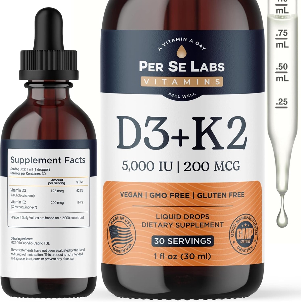 Vitamina D3 K2 Liquid Drops D3 5000 IU + K2 MK-7 200mcg Max Absorption Supporto immunitario per bambini e adulti | Vegan | Non-GMO | Gluten, Dairy, Soy Alcohol Free | 1 Oz