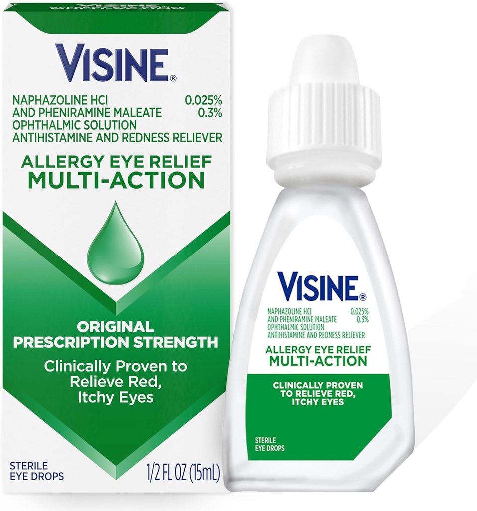 Visina Allergy Eye Relief Multi-Action Antistamine & Redness Reliever Gocce di occhio con Pheniramine Maleate & Naphazoline HCl, Allergy Eye Drop Trattamento per Red, Itchy Eyes, 0.5 fl. oz