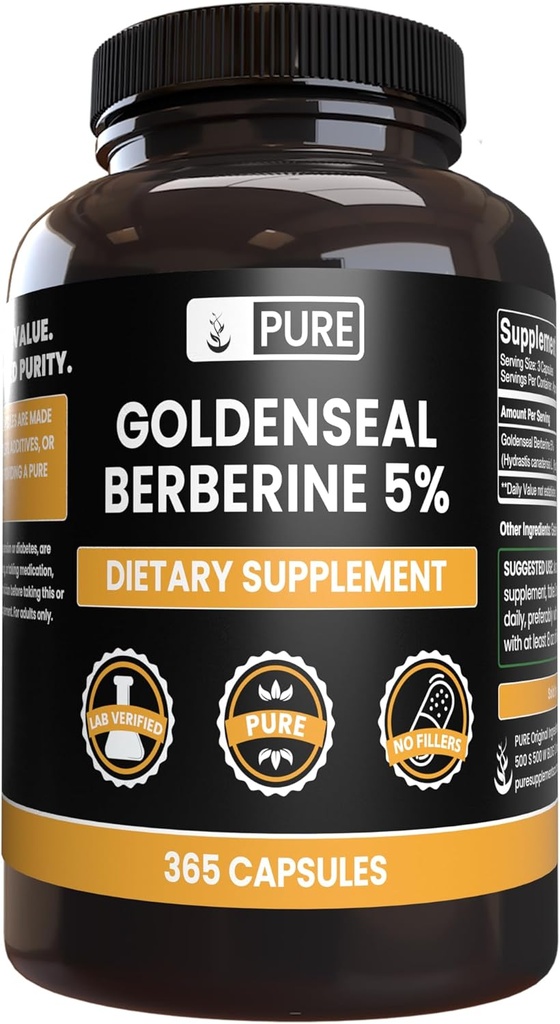 PURE ORIGINAL INGREDIENTI Berberina d'oro senza riempitivi di magnesio o di riso, sempre puri, verificati in laboratorio (365 conte)
