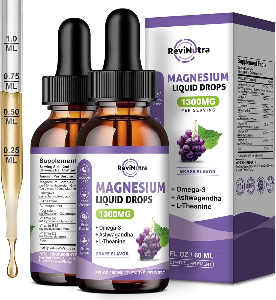 Gocce liquide di Magnesio 2 Pack, gocce liquide di magnesio calme con Taurate & Citrate, potassio, Omega3, L-teanina, Ashwagandha, D3, B6, B12 per il sonno, muscolo, cuore, aroma di uva senza zucchero
