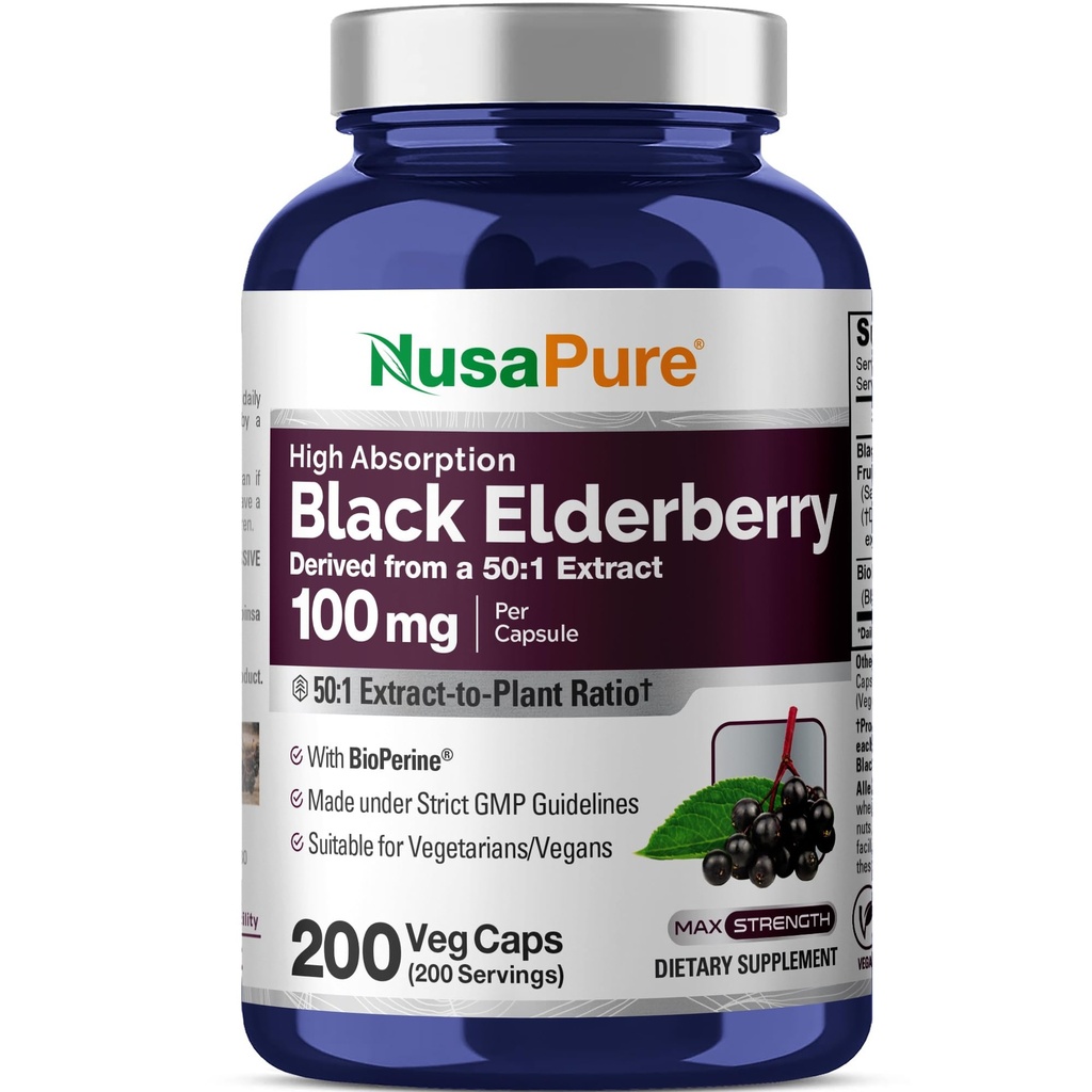 NusaPure Black Elderberry 50:1 Extract, 100 mg Equivalente a 5.000 mg per Veggie Capsule, 200 Conte (non OGM, Bioperine) Sambucus Supplemento