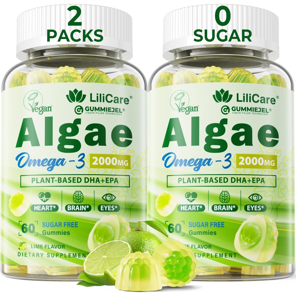 Omega 3 Gummies 2200mg da olio di alghe (DHA 640mg & EPA 290mg) per le donne e gli uomini, Vegan Omega 3 Fish Oil Alternative, w/CoQ10, Astaxanthin, Vitamina A, E, D3 per il cervello, occhio, antiossidante, Sugar Free 2Packs
