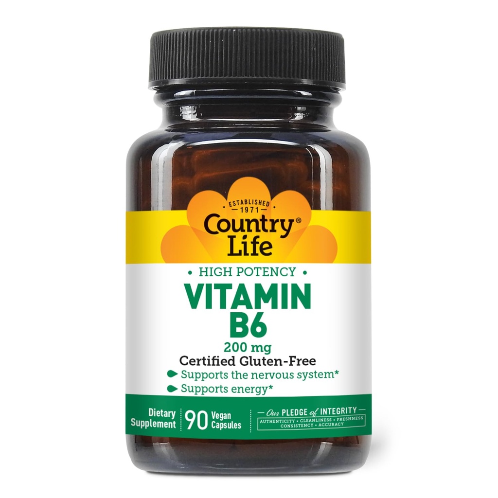 Vita di campagna Vitamina B-6, Alta potenza, Supporta l'energia e il sistema nervoso, 200 mg, 90 capsule vegane, certificata senza glutine, Vegan certificato, Cert...