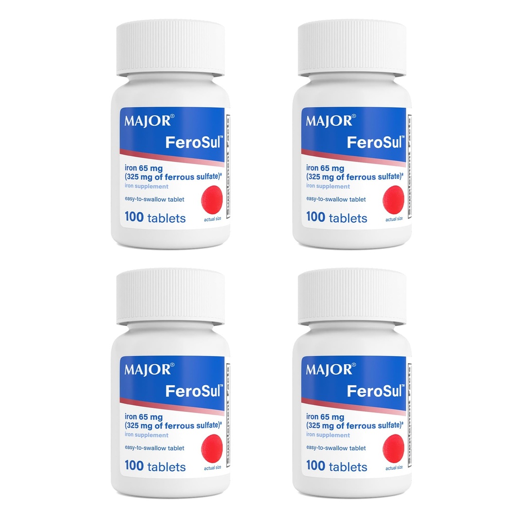 Maggiore FeroSul - Ferrous Sulfate 325 mg Tablets - Ferro da stiro Supplemento per le donne e gli uomini - Specialmente rivestiti Easy-to-Swallow Tablets - Rosso - 100 Conte (4 Pack)