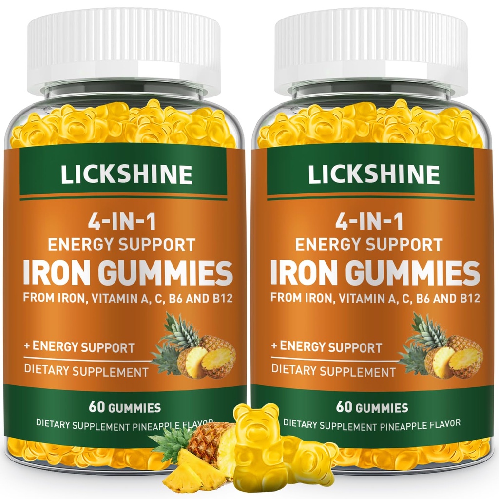 2 Pack Vegan 100MG Iron Supplement Gummies for Women & Men - con vitamina C, A, B per adulti e bambini - Supporto energetico per la carenza di ferro, Anemia - Sapore ananas (120 Ct)