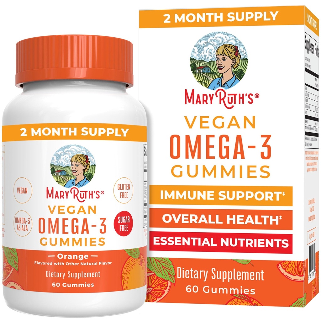MaryRuth Organics Vegan Omega 3 Gummies per gli adulti | 2 mesi di alimentazione | Zucchero supplemento gratuito con vitamina C | Olio di lino Supporto immunitario | Totale benessere | No Fish Taste | 60 Conte