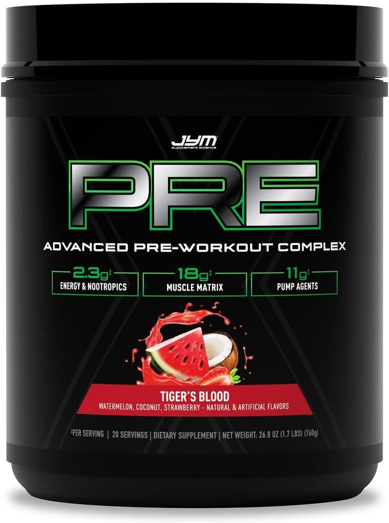 Pre JYM X Tiger’s Blood Advanced Pre-Workout Powder Massive Pumps, Citrulline Nitrate, Dynamine, NO3T Betaine, BCAA, Nootropics, Creatina, Beta-Alanine, JYM Supplement Science, 20 Servings