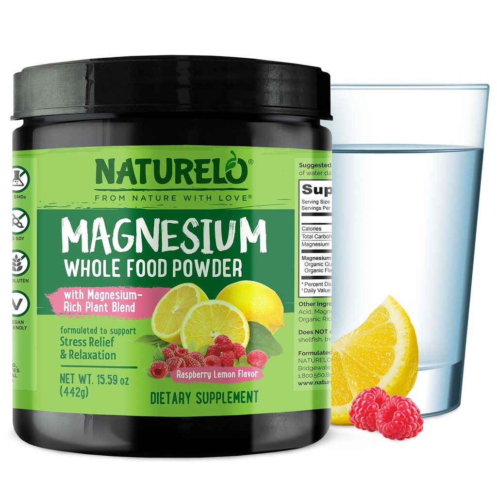 NATURELO Magnesium Powder - Polvere di Magnesio calma tutta alimentare con Quinoa, cavolfiore, & Flaxseed for Stress Relief, lampone Lemon 85 Servings, 15oz