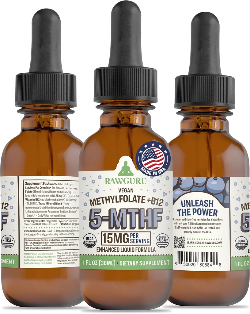 RawGuru L-metilfolato 15 mg + Vitamina B12 - Biologico Vegan Methylated B12 con Trace Minerals - Nano-Processed & Enhanced Liquid Formula - 300 Servings Vegan Drops per 30 ml, Confezione da 1