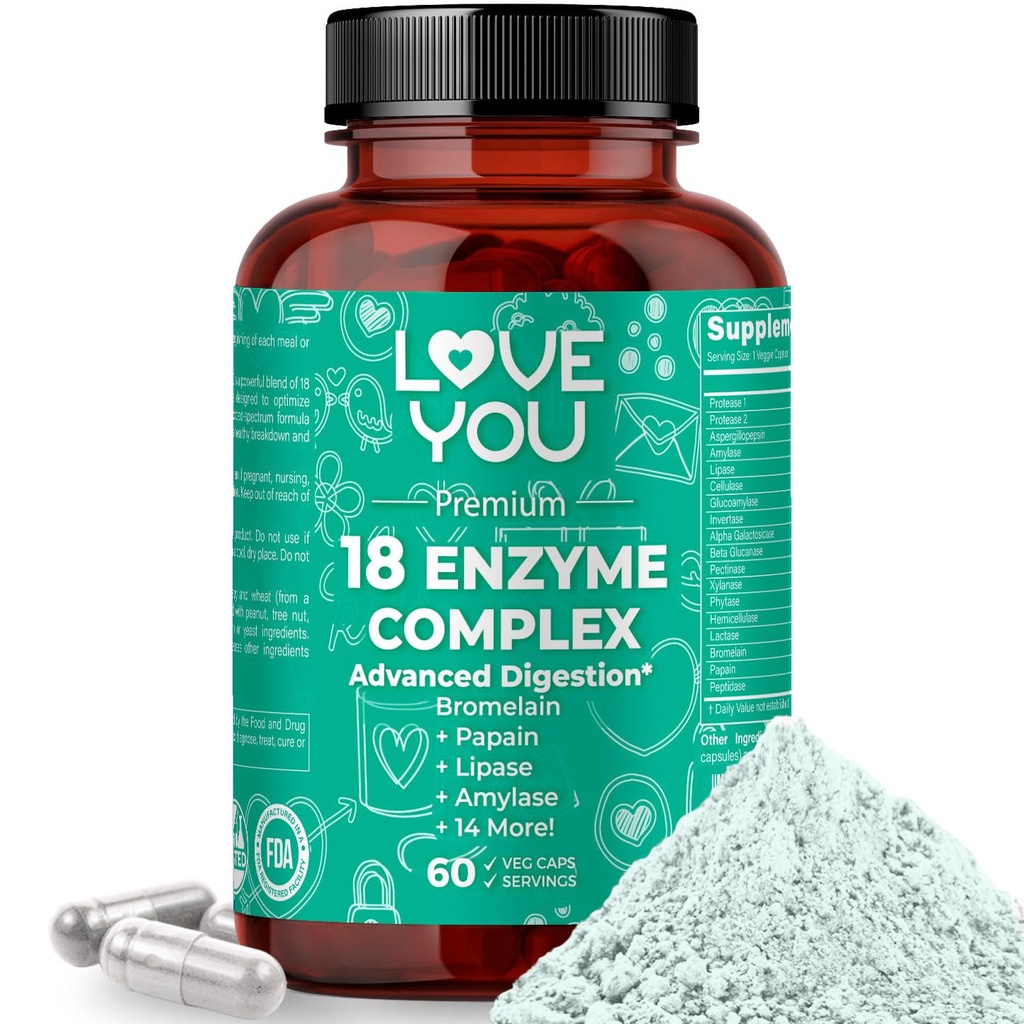 Love You 18 Enzyme Complex – Gli enzimi digestivi basati sulle piante per le donne e gli uomini | supporta l'assorbimento nutriente e il comfort digestivo | 60 capsule vegane Made in USA