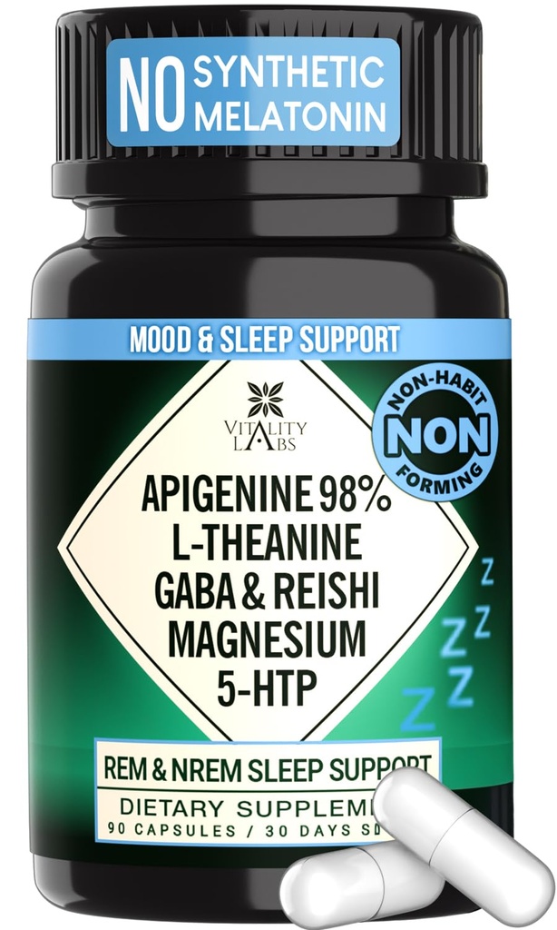 Integratore naturale per gli adulti senza melatonina - Non-Habit che forma sonno erbe - GABA, L-teanina, Reishi Mushroom, Apigenin, Magnesio Glycinate, 5-HTP - 90 capsule vegane