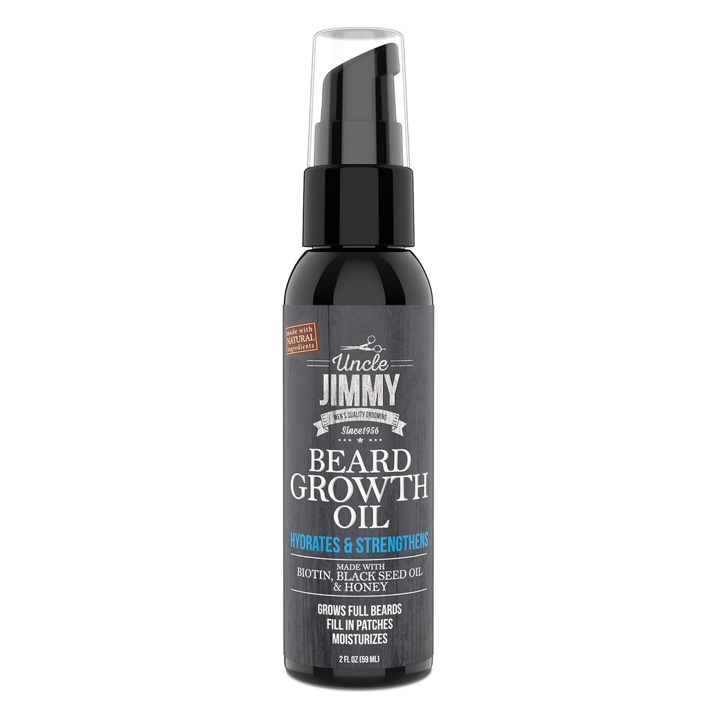 Zio Jimmy Beard olio di crescita con Biotin | Cuscinetto naturale cura per Thicker, Cuscinetto più sano | Trattamento dei capelli facciali degli uomini per Grooming | Aumenta spessore e volume 2 Fl Oz