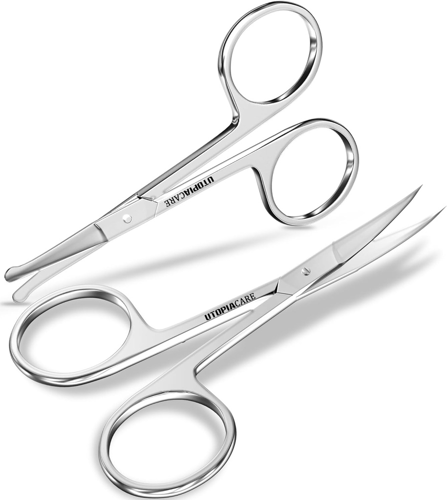 Forbici per sopracciglio di cura di utopia, Piccole cesoie professionali in acciaio inossidabile per uomini e donne, Forbici per capelli di naso per Mustache, Cuscinetto, Ciglia, Trucco per capelli, Argento
