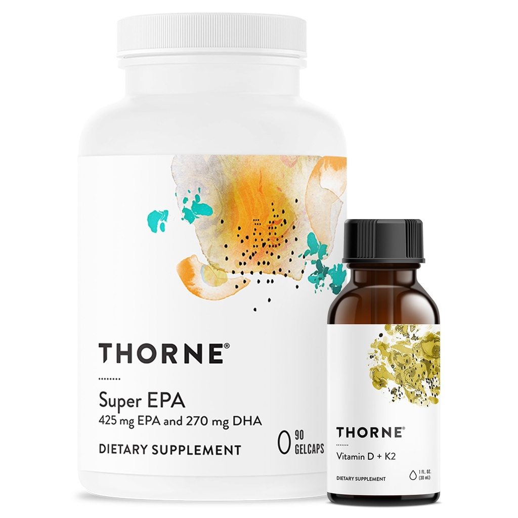 THORNE - Super EPA (90 Gelcaps) & Vitamina D + K2 (1 Oz) Bundle - Supporta la salute, la struttura muscolare e la salute comune - Gluten, Dairy & Soy-Free