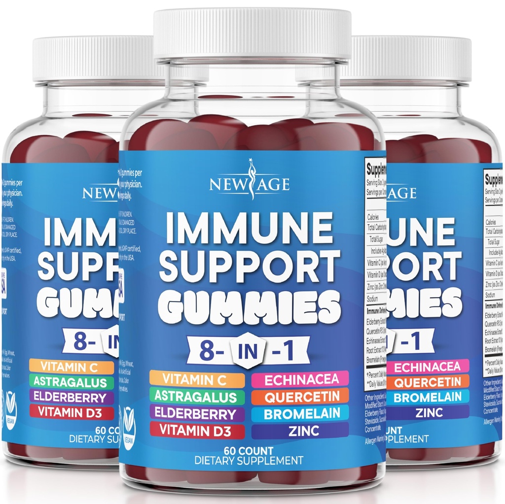 NUOVO AGE 8 in 1 Integratore di Booster di supporto immunitario con Astragalus Root, Vitamina C e Zinc 50mg, Vitamina D 5000 IU, Quercetin & Bromelain (8 in 1 Gummies (Pack of 3))