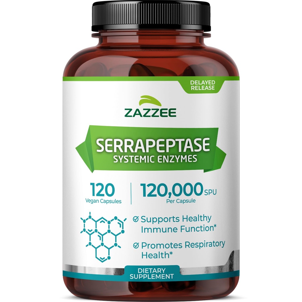Zazzee Delayed Release Serrapeptase, 120.000 SPU per Capsule, 120 Vegan Capsule, 4 mesi di fornitura, Extra Forza, Potenti e Concentrati Enzimi Systemici, 100% Vegetariani, All-Naturali e Non OGM