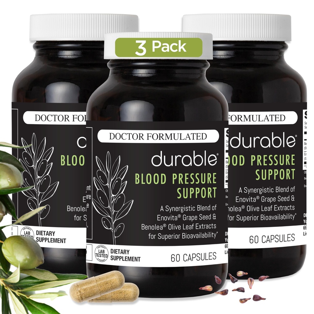 Pressione sanguigna durabile – Estratto di semi di semi di semi di uva di Benolea Olive Leaf & Enovita – Circolazione sana, Supporto di ossido nitrico & Artery – Medico Formulato, Vegan, Non OGM, Made in USA (180 capsule)