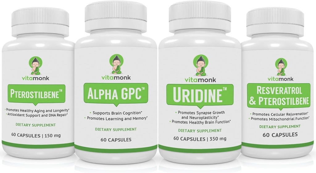 VitaMonk Resveratrol, Pterostilbene, Alpha GPC e Uridine Bundle - Longevità e cervello Boosting Stack