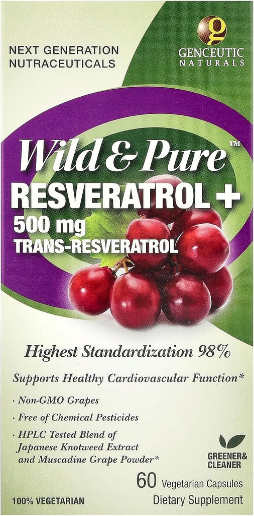 Genceutic Naturals Wild & Pure Resveratrolo capsule vegetariane, 60-Count | promuove la salute del cuore | Anti Ageing | Total Wellness