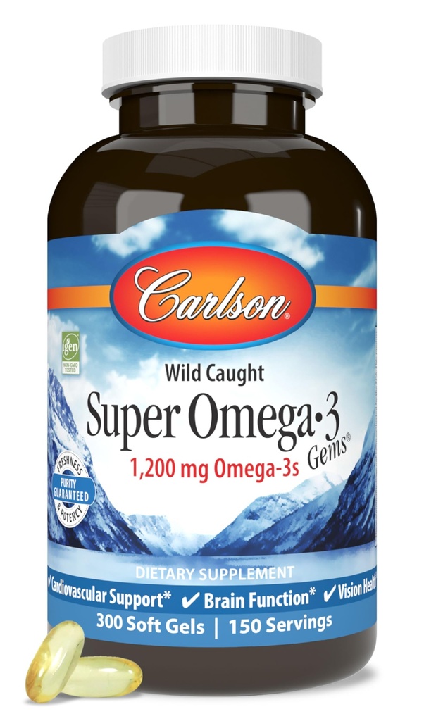 Carlson - Super Omega-3 Gems, 1200 mg Omega-3 acidi grassi con EPA e DHA, Wild-Caught Norwegian Fish Oil Supplement, Sostenibilmente Source capsule 300 Softgels