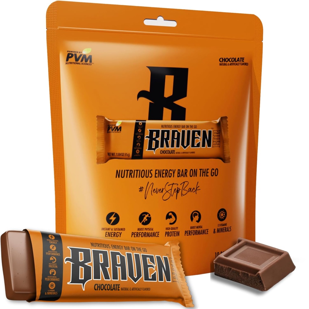 Braven Bar Cioccolato Energy Bar (1.59 oz, Confezione da 10) – Cuciture energetiche con 5g Proteine – Spuntini per l'energia on-the-Go per la corsa, l'escursionismo e lo sport - Gluten Snack gratuiti per il potenziamento dell'energia sostenibile