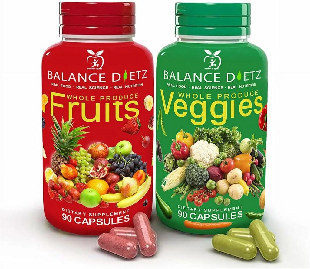 Integratori di frutta e verdura, 90 capsule di frutta e 90 capsule vegetali, Integratore alimentare completo con frutta e verdura per donne, uomini e bambini
