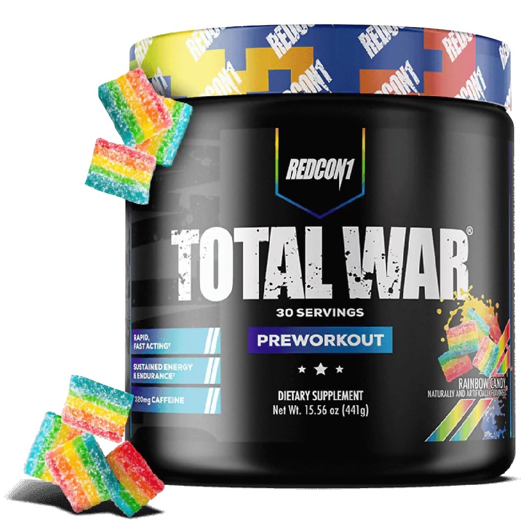REDCON1 Total War Pre Workout, Rainbow Candy, L Citrulline, Acido Malico, Estratto di foglie di tè verde per pompa Boosting Pre Workout per donne e uomini - 3.2g Beta Alanine per ridurre l'esaurimento, 30 Serve