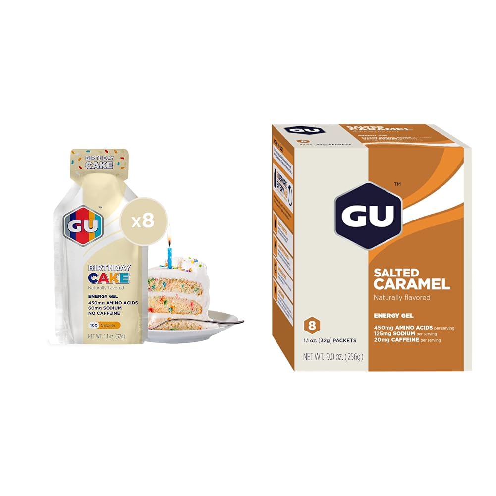 GU Energy Originale Sport Nutrizione Energy Gel, Torta di compleanno di 8 paesi e 8-Paese aromi salati Caramel