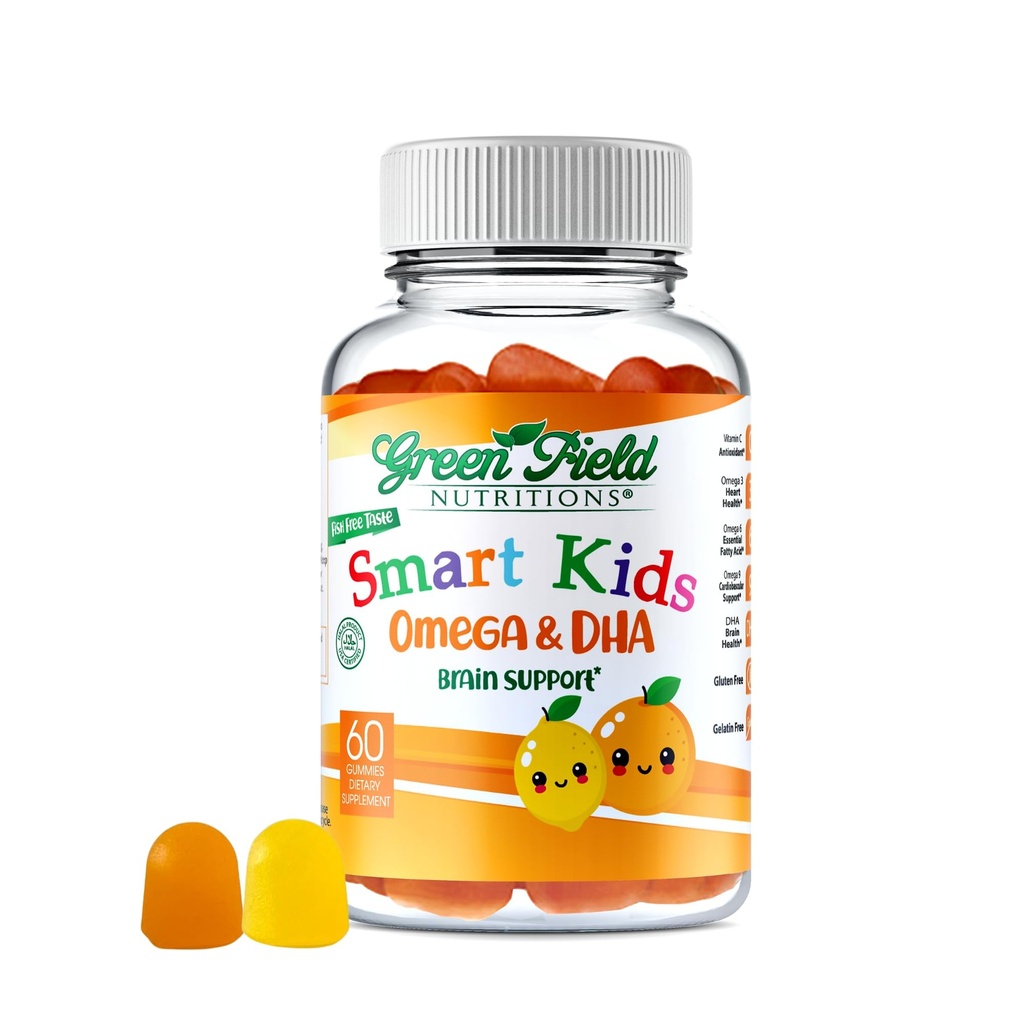 Greenfield Nutritions Smart Kids Halal Omega 3 Gummies con DHA - 60 vitamine Halal per bambini, Supporta la salute cerebrale e immunitaria - Vegan, Non OGM, Gluten, Gelatin-Free e senza arachidi