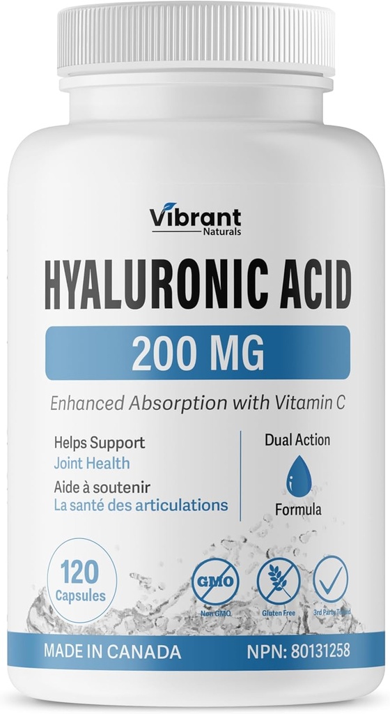 Integratore acido ialuronico 200 mg - 120 capsule, con vitamina C 100mg, Joint & Skin Health, Fermentazione non OGM, Gluten Free, Terze Parti testate, Formula biodisponibile