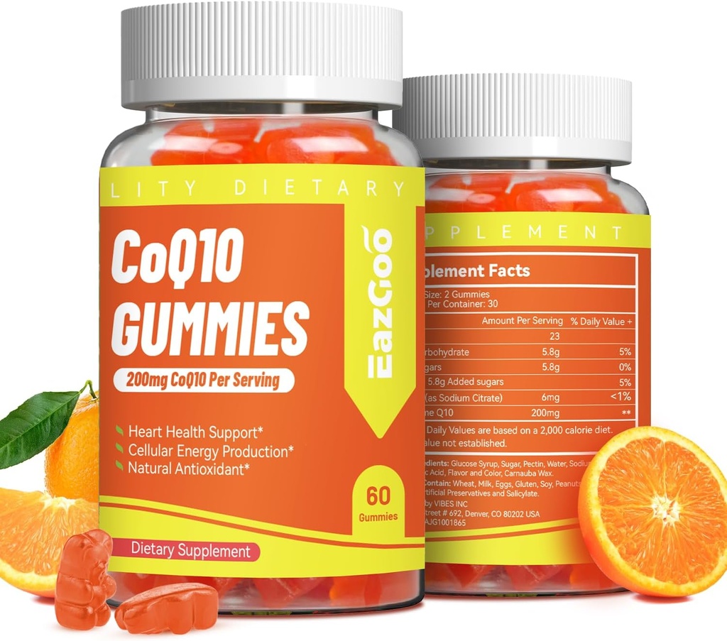 CoQ10 Gummies 200mg, Vegan Supplemento per la produzione di energia, Non OGM, Gluten Free (120 Gummies)