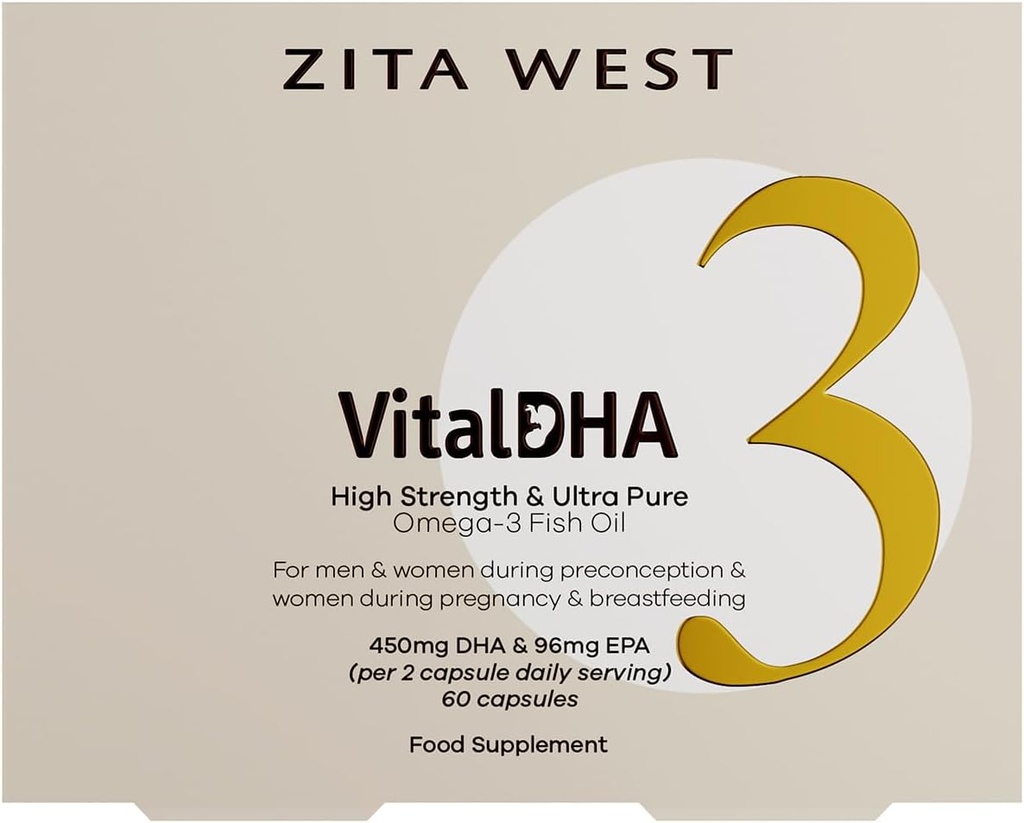 Zita West Vital DHA – DHA Prenatale ed EPA con Zinco per Fertilità, Gravidanza e allattamento al seno – Omega 3 per lo sviluppo del cervello – 60 capsule (1 mese di fornitura)