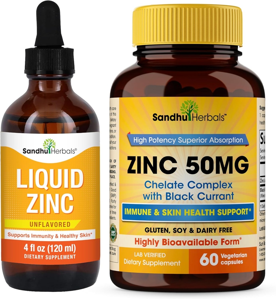 Sandhu Herbals Liquid Zinc Drops 4 Oz & Zinc Capsules 60 Count Supplement | Supporta Immune e Skin Health| Made in USA