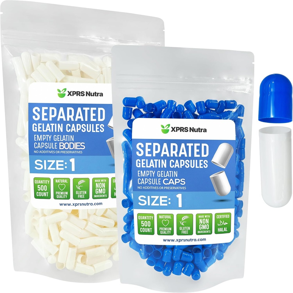 XPRS Nutra Size 1 Gelatin Capsule Separati - 500 Contare Capsule Pillole Vuote Separate in Borse - Pillole Vuote Vuoto per Riempimento Integratore fai da te (Blue/White)