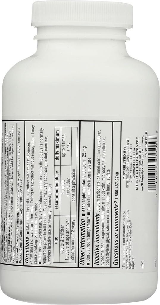 Rite Aid Fiber Terapia Caplets, Calcium Polycarbophil 625mg - 250 Conte, Lassativi per la costipazione, Pillole in fibra per adulti