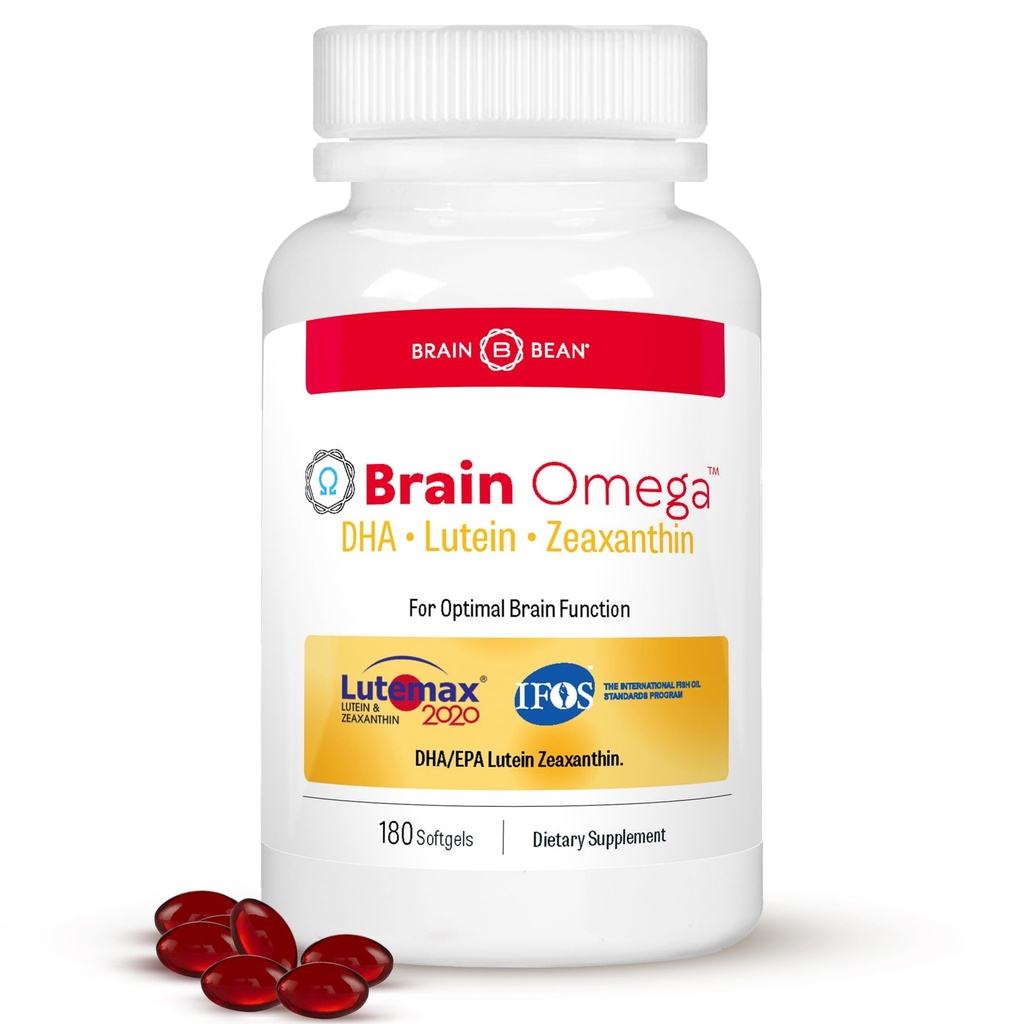 Brain Omega con Lutein e Zeaxanthin – Supplemento Omega 3 per la salute del cervello, cuore e degli occhi – 460 mg DHA, 90 mg EPA, Lutein e Zeaxanthin Supplements – 180 Softgels (90 Servings)