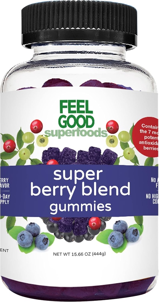 FeelGood Superfoods Super Berry Multivitamin Integratori, Acai, Amla, Lingonberry, Maqui, Bilberry e Aronia Berry Gummies, Berry Flavor, Vegan, Non OGM, 60 Conte