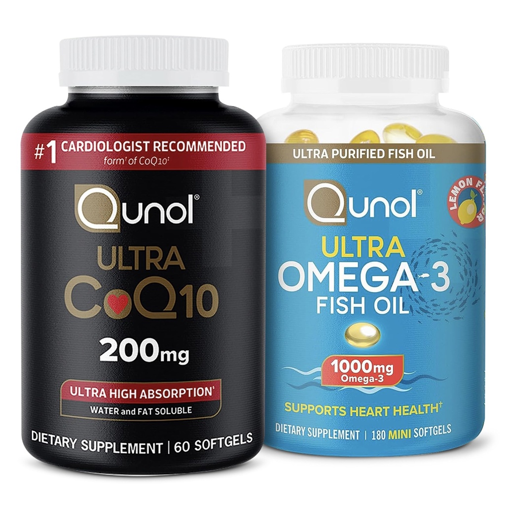 Qunol CoQ10 100mg Softgels, 3X migliore assorbimento, 4 mesi di alimentazione, 120 conte + olio di pesce Omega 3 Mini Softgels, 1000mg Omega 3 EPA + DHA, 3 mesi di alimentazione, 180 Conte