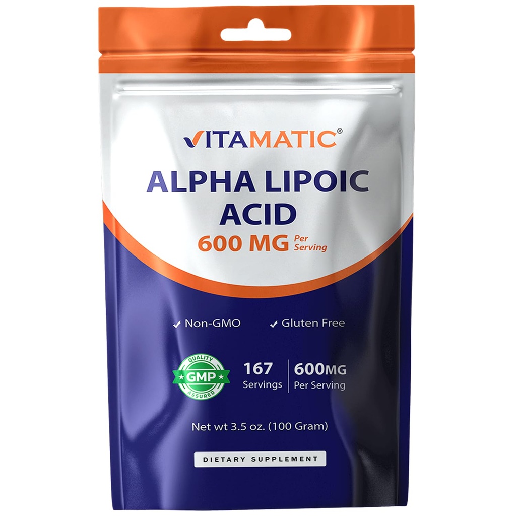 Vitamatic Pure Alpha Lipoic Acid (ALA) 600mg Per Serving - 167 Serve - Non OGM & Gluten Free