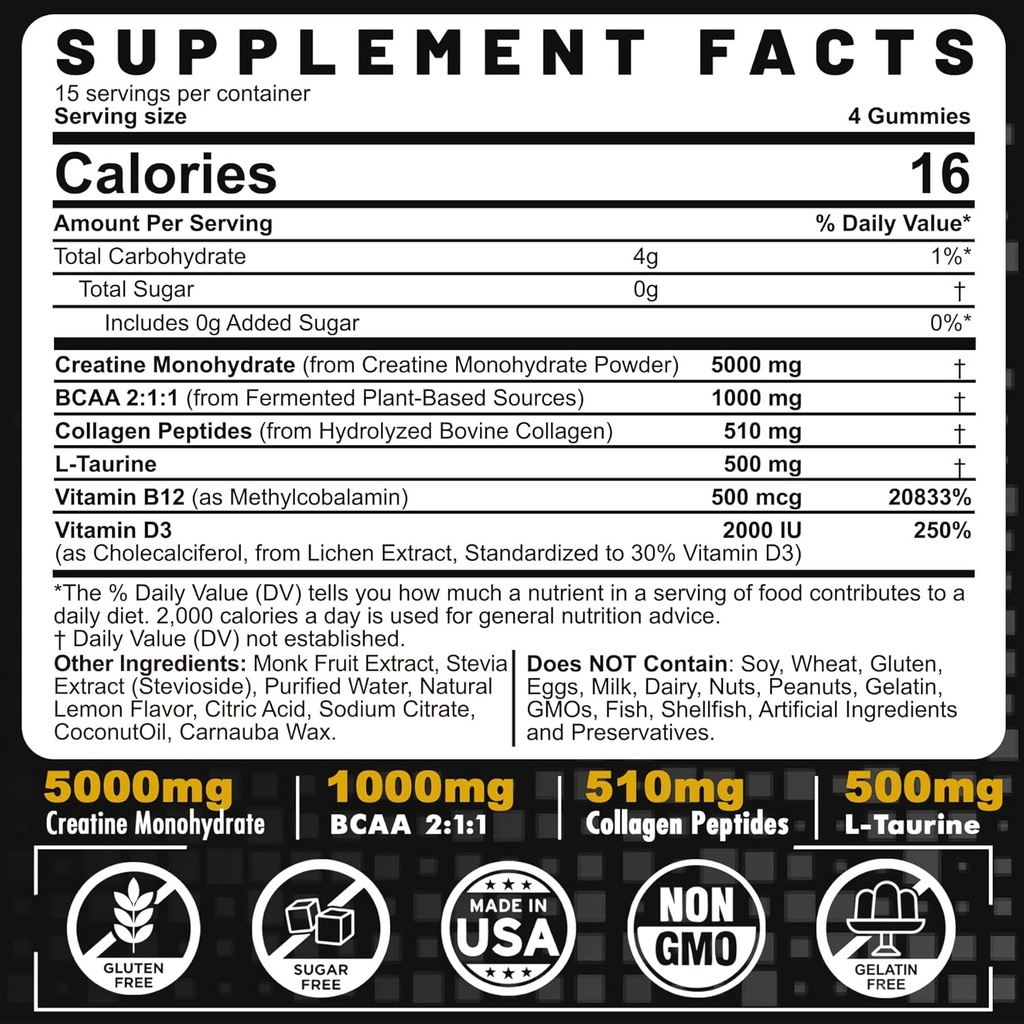 Creatina maschile e femminile monoidrato Gummies Complex, 6-in-1 Chewable Pre-Workout Creatina con BCAA, Peptidi di collagene, L-Taurine, 15 Serve, Natural Lemon Flavor - 60 Conte (Pack of 1)