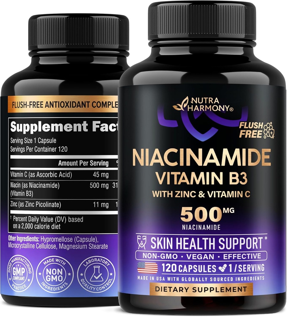 Niacinamide 500 mg - Vitamina B3 Flush-free Form Niacinamide Supplemento - Sano Clear Skin & Antiossidante Supporto - con Zinc & Vitamina C - Lab Tested, Vegan & NON-GMO - Made in USA - 120 Capsule