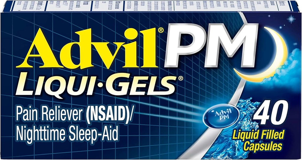 Advil PM Pain Reliever e Nighttime Sleep Aid, Medicina del dolore con Ibuprofene per il sollievo del dolore e Citrato di difenidramina per un aiuto al sonno - 40 Caplets ricoperti