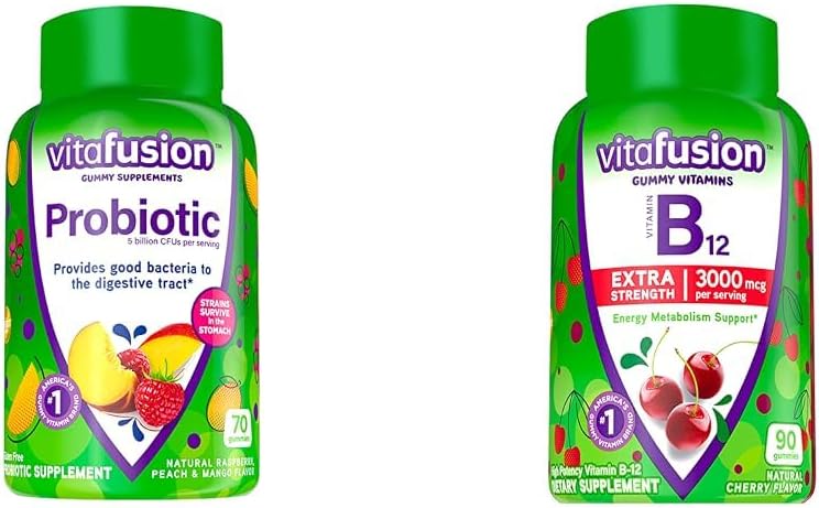 Vitafusion Probiotic Gummy Integratori, Raspberry, Peach e Mango Sapori & Extra Forza Vitamine B12 Gomma
