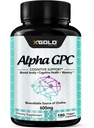 Alfa GPC Choline Supplemento 600mg, 99%+ Altamente purificato, Altamente Biodisponibile Fonte di Choline,180 capsule di verdure, Nootropic di potenziamento cognitivo, Supporta la memoria e la funzione del cervello, Boost Focus & Mood