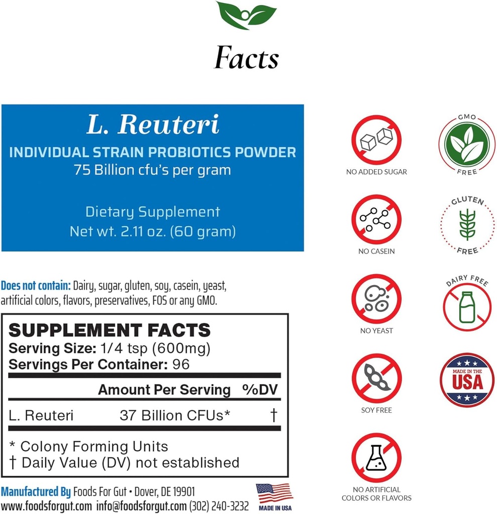 Lactobacillus Reuteri Probiotic Powder 75 Billion cfu's | Made in USA | No Additives | Direct from Manufacturer | No Third-Party Storage | Digestive & Immune Support | L. Reuteri | 60 Grammi (2.11 OZ)