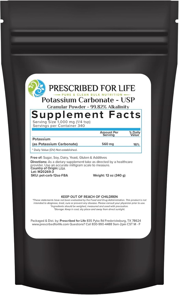Prescritto per la polvere di carbonato di potassio di vita, Potash di grado alimentare naturale USP per le piante, il sapone, i supplementi, & di più, polvere di potassio a carica pura (12oz / 340g)