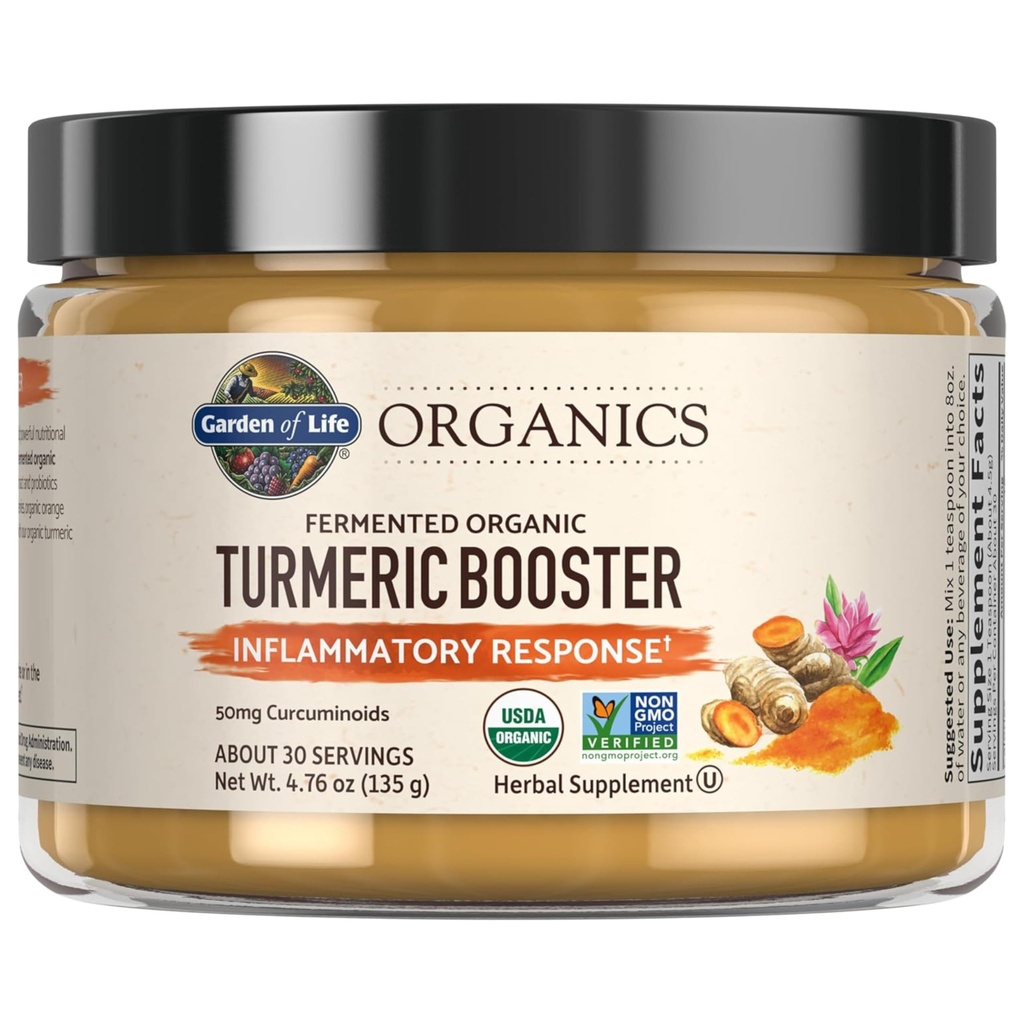 Garden of Life Organics Turmeric Booster Inflammatory Response Powder - 30 Serve, 50mg Curcumin (95% Curcuminoids) & Probiotics, Organic Non-GMO Vegan & Gluten Free Herbal Supplements