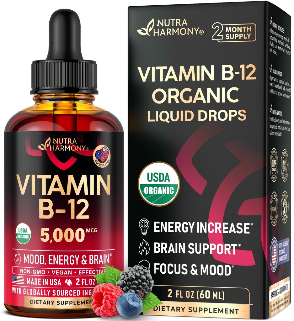 USDA Organic Vitamin B12 gocce sublinguali - 5000 mcg Liquid Vegan Methylcobalamin per le donne e gli uomini - Energy Boost, Focus & Mood, Brain Health Support - Maximize Absorption - 2 mesi di alimentazione, 2 fl oz