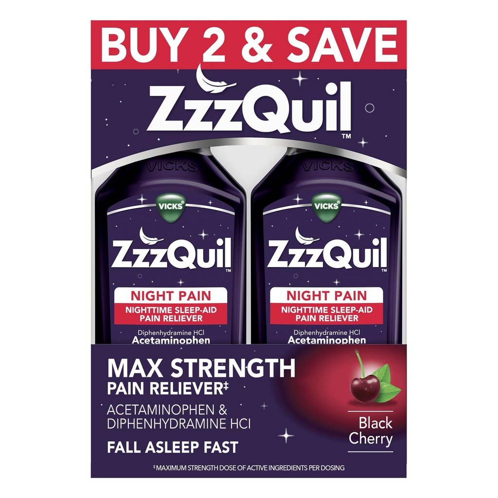 ZzzQuil Liquido Max Resistenza Dolore, Nighttime Sleep Aid Liquid, Acetaminophen 1000mg, Diphenhydramine 50mg HCI, Non-Habit Forming, Black Cherry Flavored, 2 Pack, 24 FL OZ