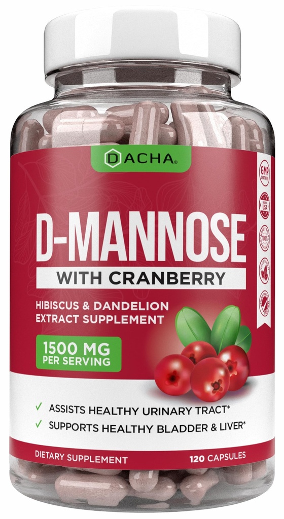 Natural D-Mannose Capsule 4-in-1 Formula - 120 CAPS, 1500 MG Cranberry, Dandelion, Hibiscus Flower Extract, Pills for Supporting Bladder and Urinary Tract Health